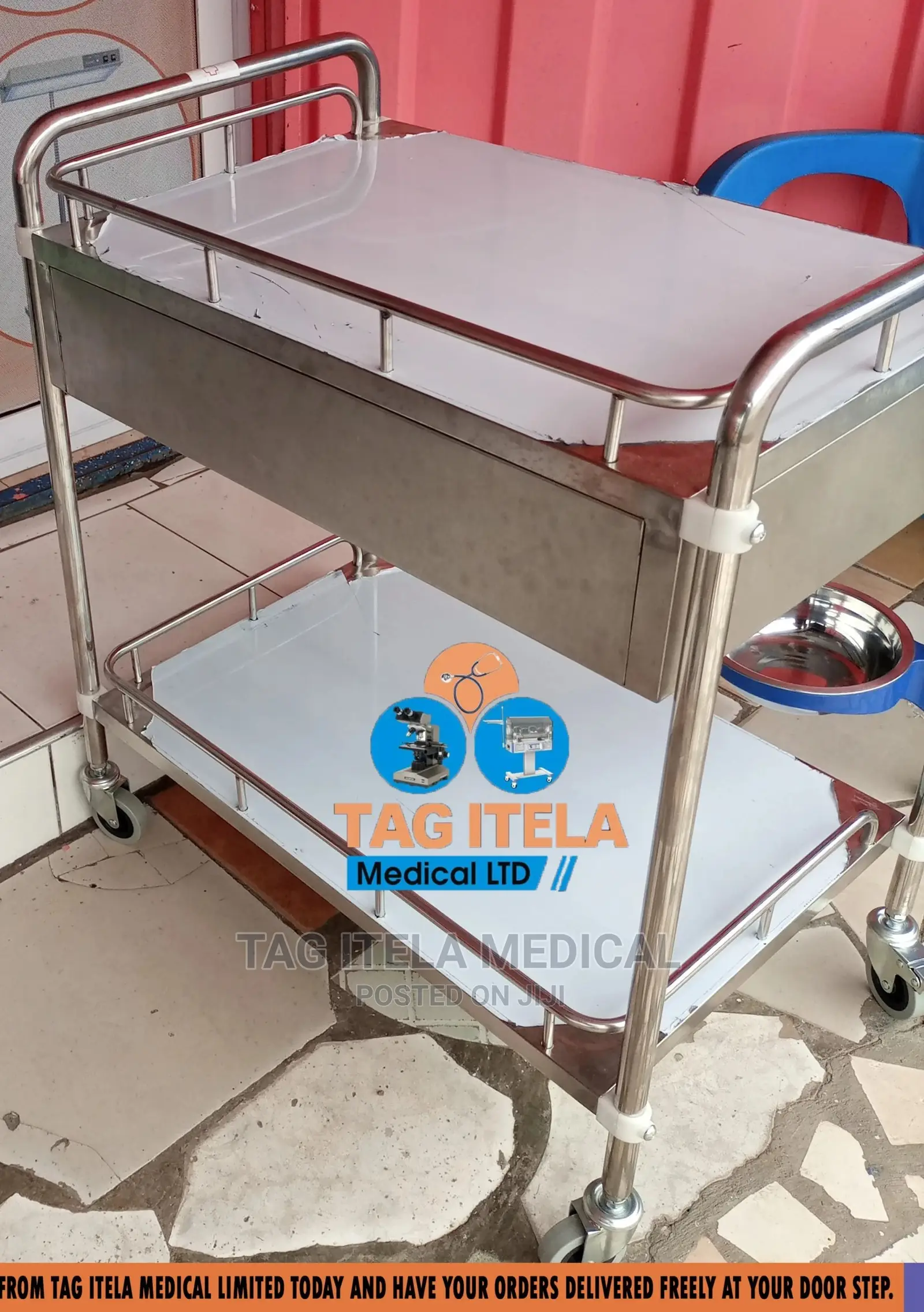 Medicine Trolley (2 Steps Stainless With Drawer)