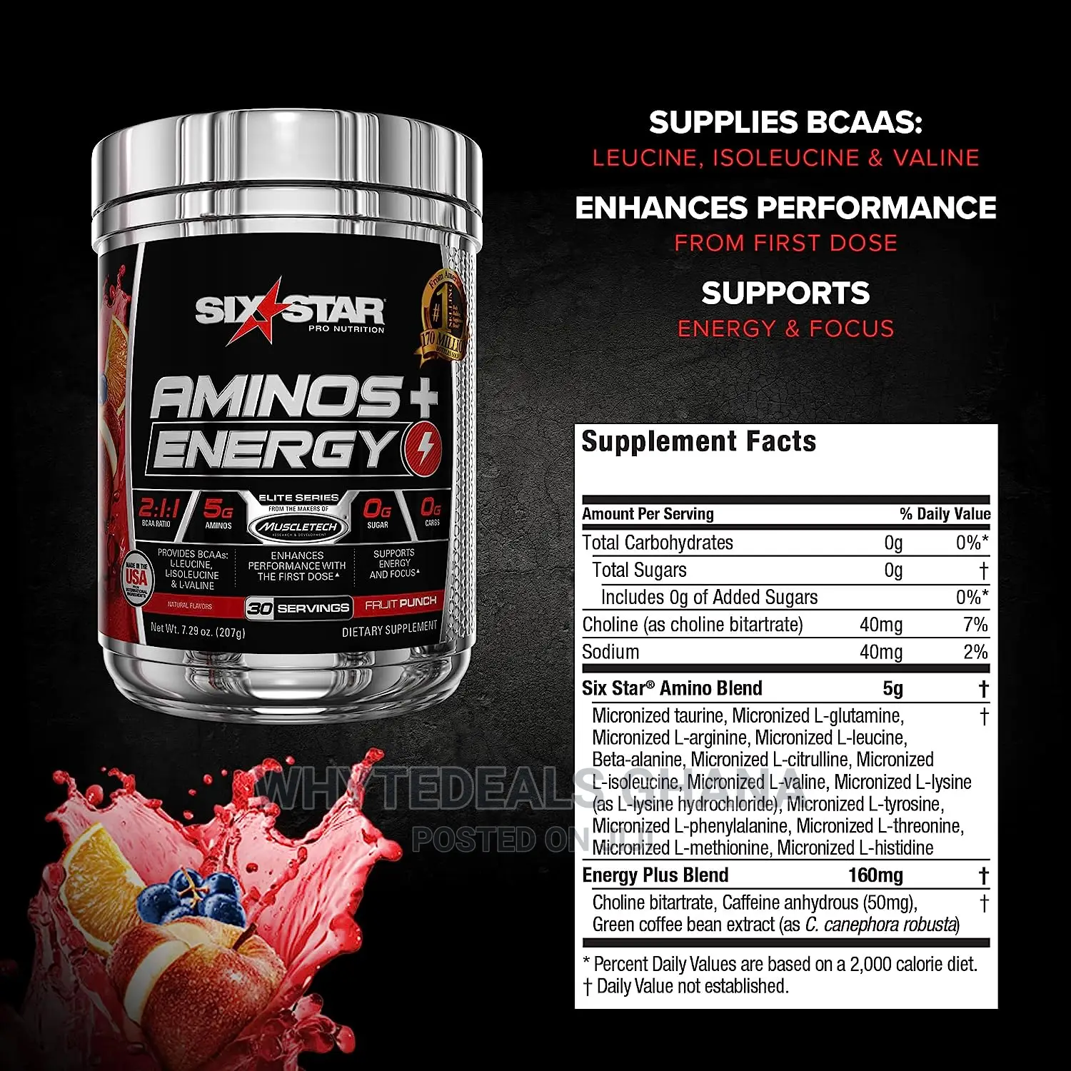 Six Star Aminos Plus Energy, BCAA Powder, MUSCLE GROWTH