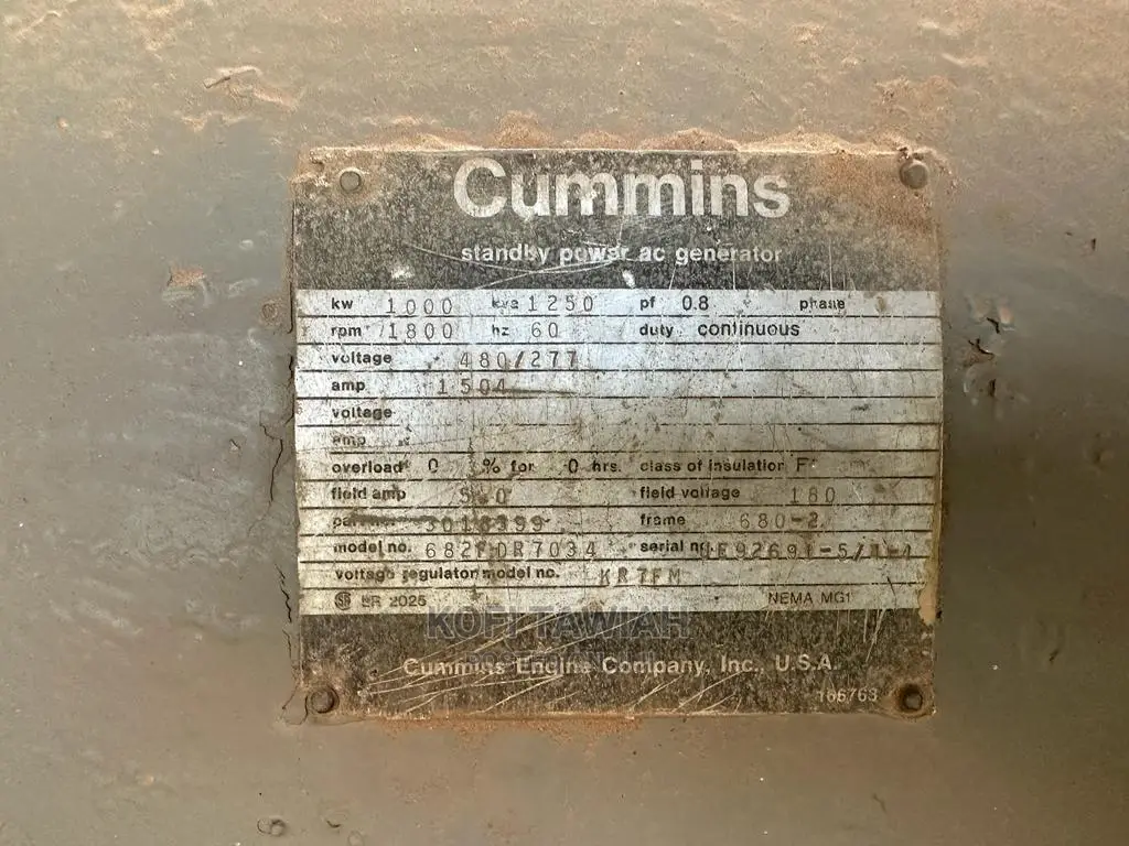 Generator Plant , Cummins Diesel Generator-1250 Kva 60 Hz