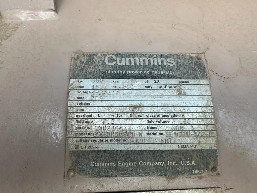 Generator Plant- 625kva 60hz Cummins Generator Plant for Rent