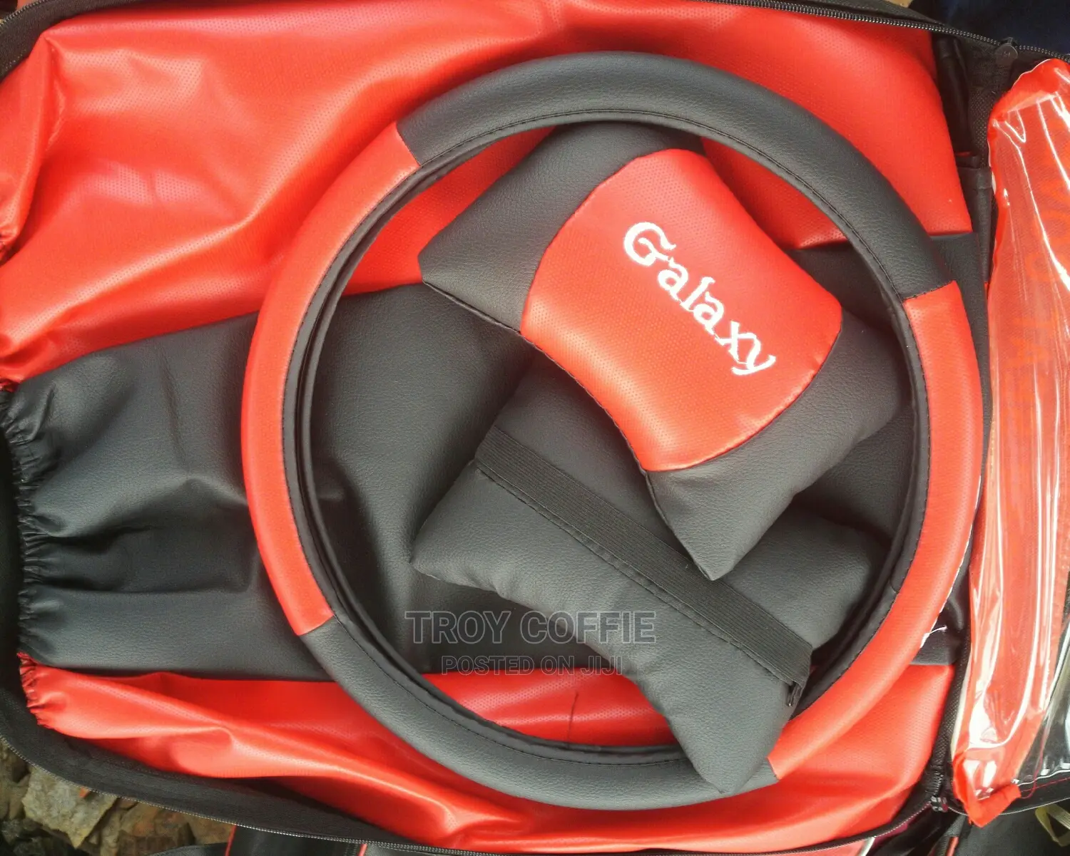 Red and Black Half Leather and Fabric Seat Cover