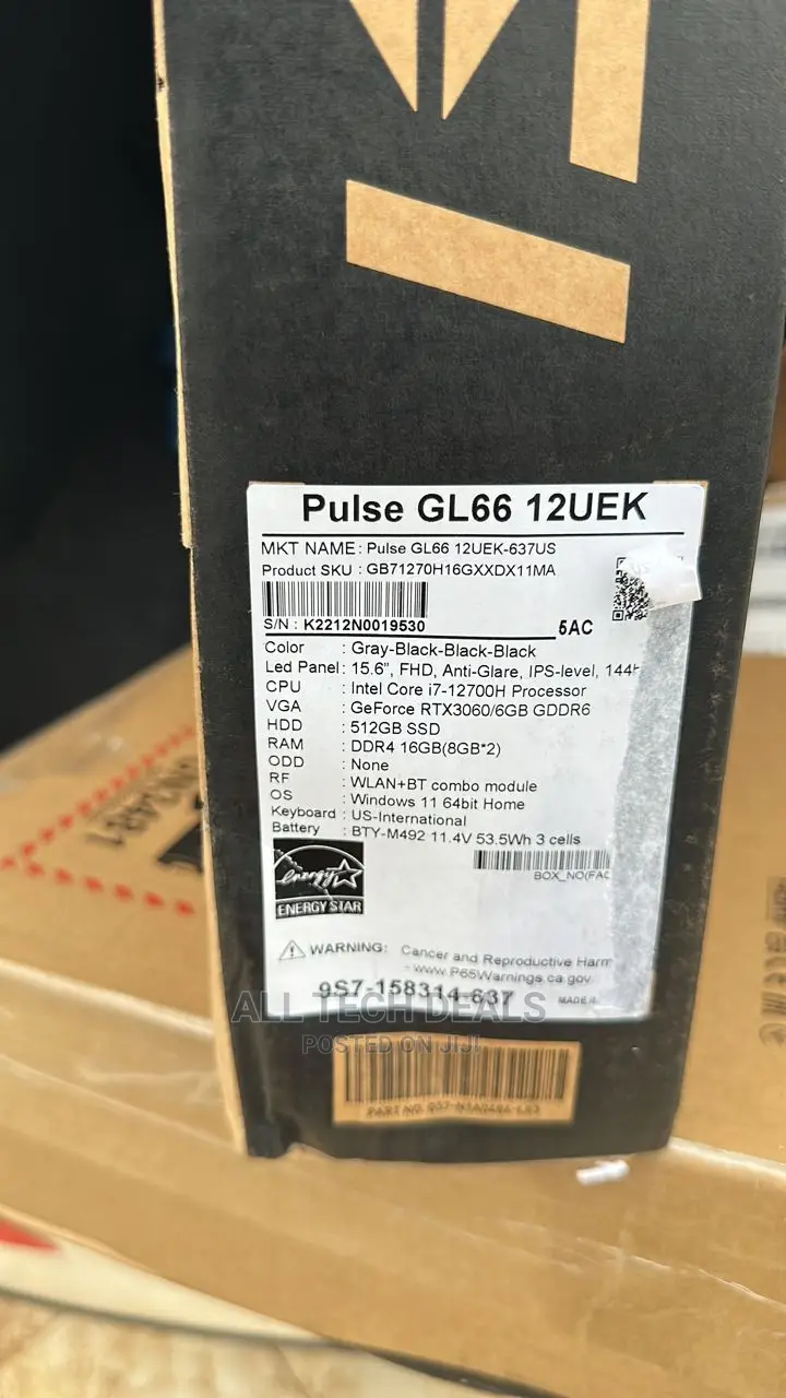 New Laptop MSI Pulse GL66 16GB Intel Core I7 SSD 512GB