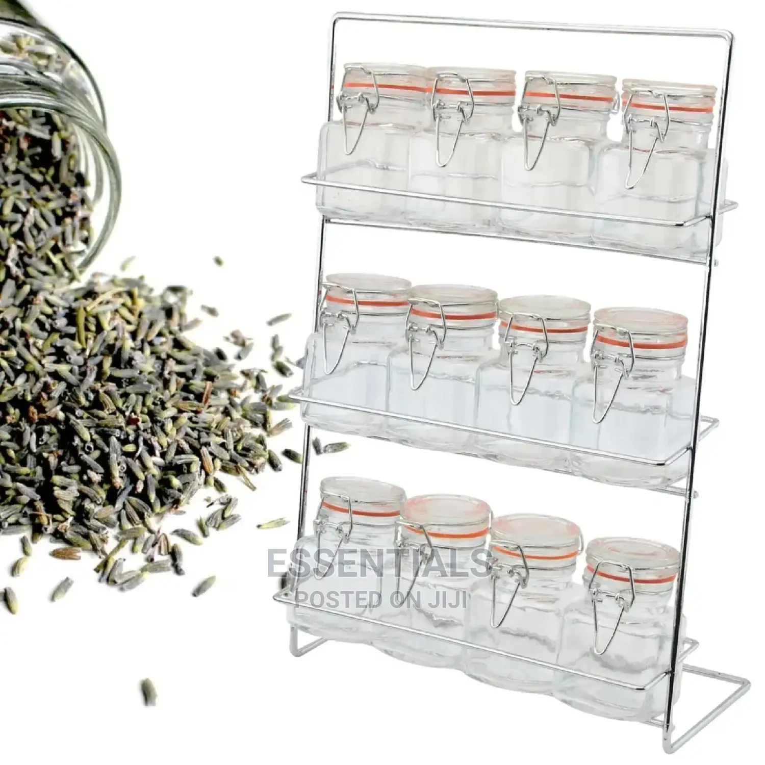 Set of 12 Clip Top Spice Jars With Chrome Storage Rack
