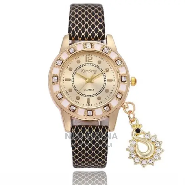 Diamond Pendant PU Leather Bracelet Watch - White/Brown/Blac