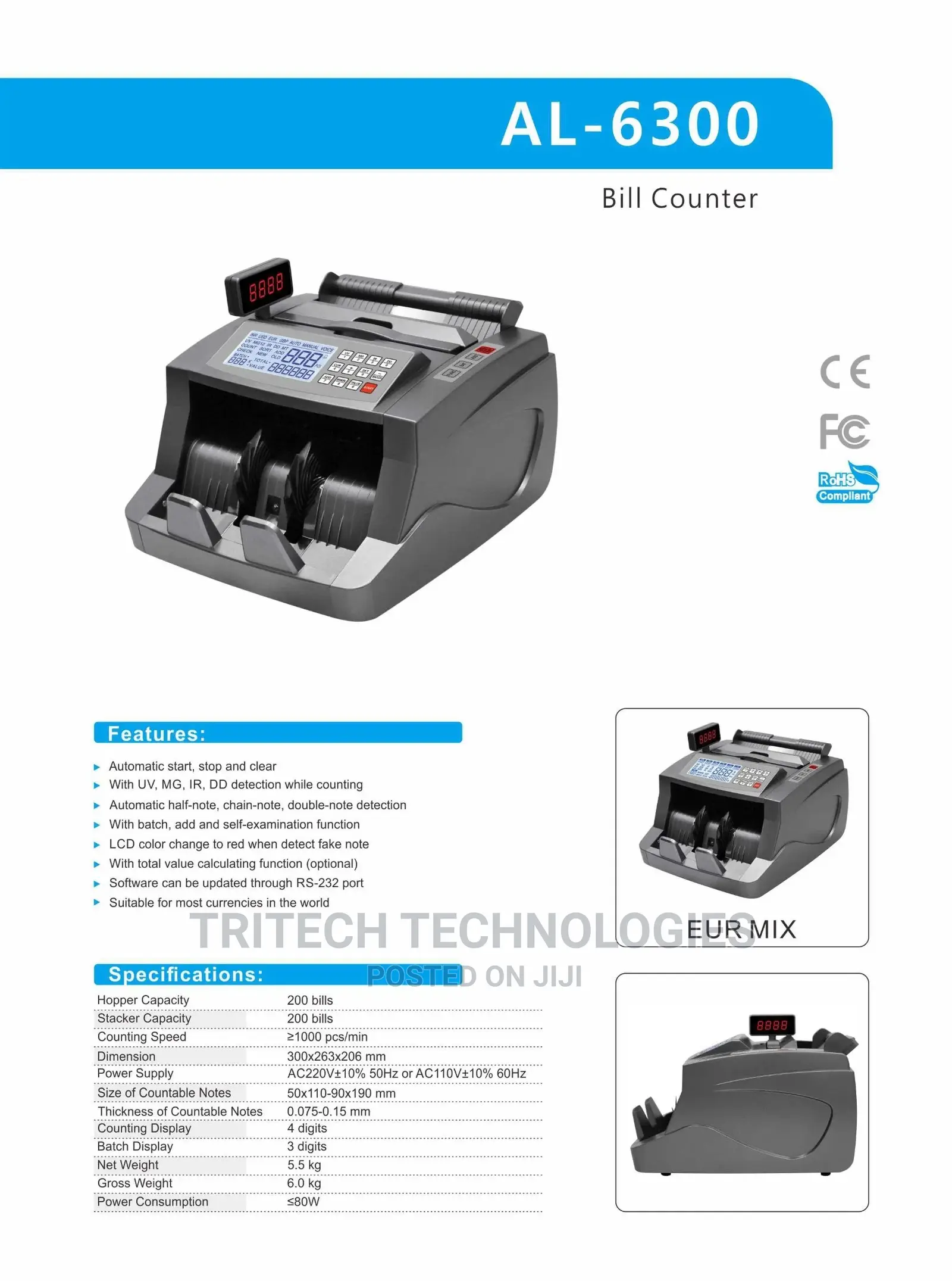 Al6300 Currency Bill Counter Note Counting Machine