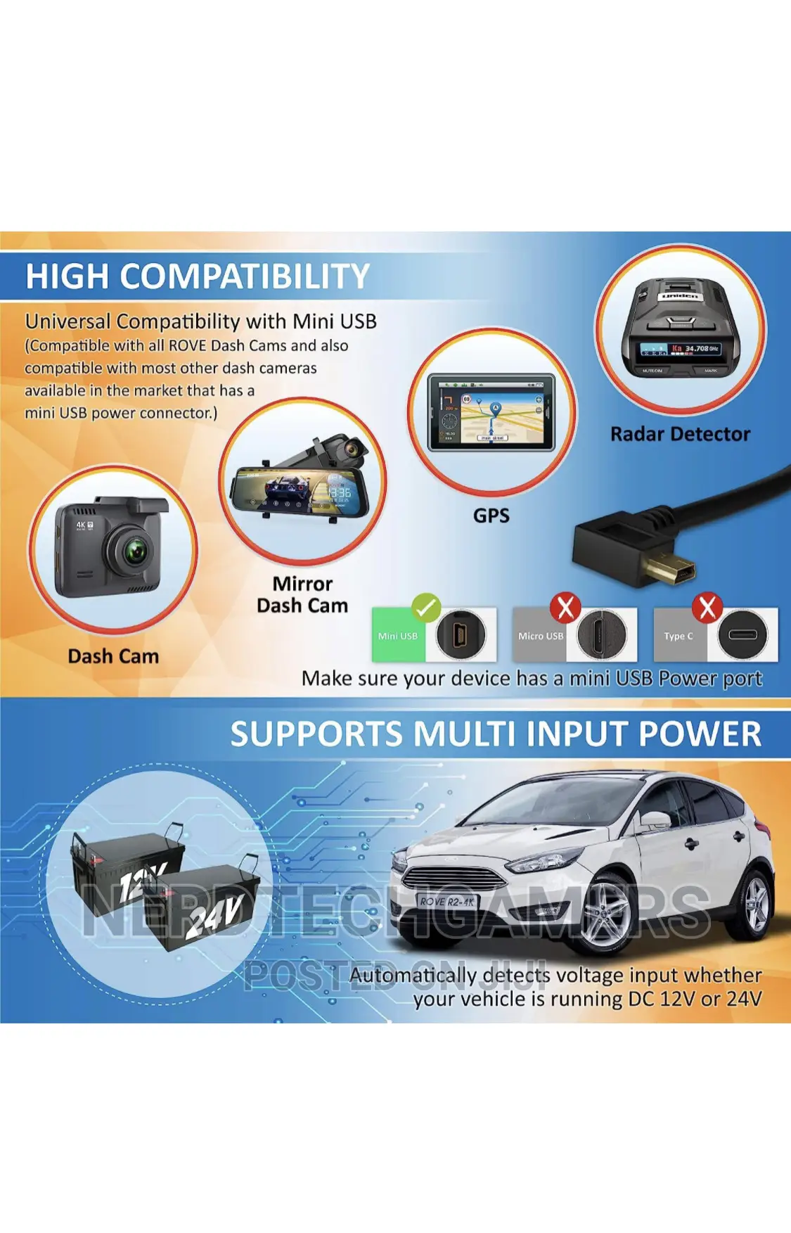 Dash Cam Hardwire Kit for ROVE R2- Car Dash Camera
