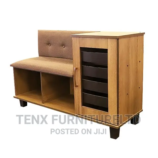 Shoe Cabinet With Bench and Brown Fabric