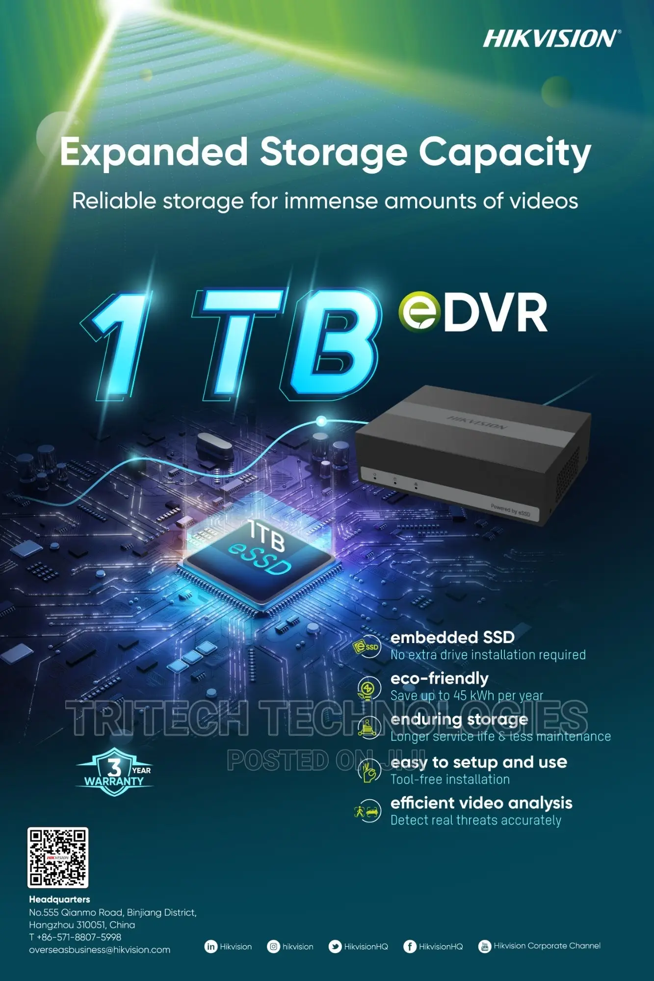 Hikvision Ds-e16hghi-b 16ch 1080P Edvr 1U H.265 With 1tb SSD
