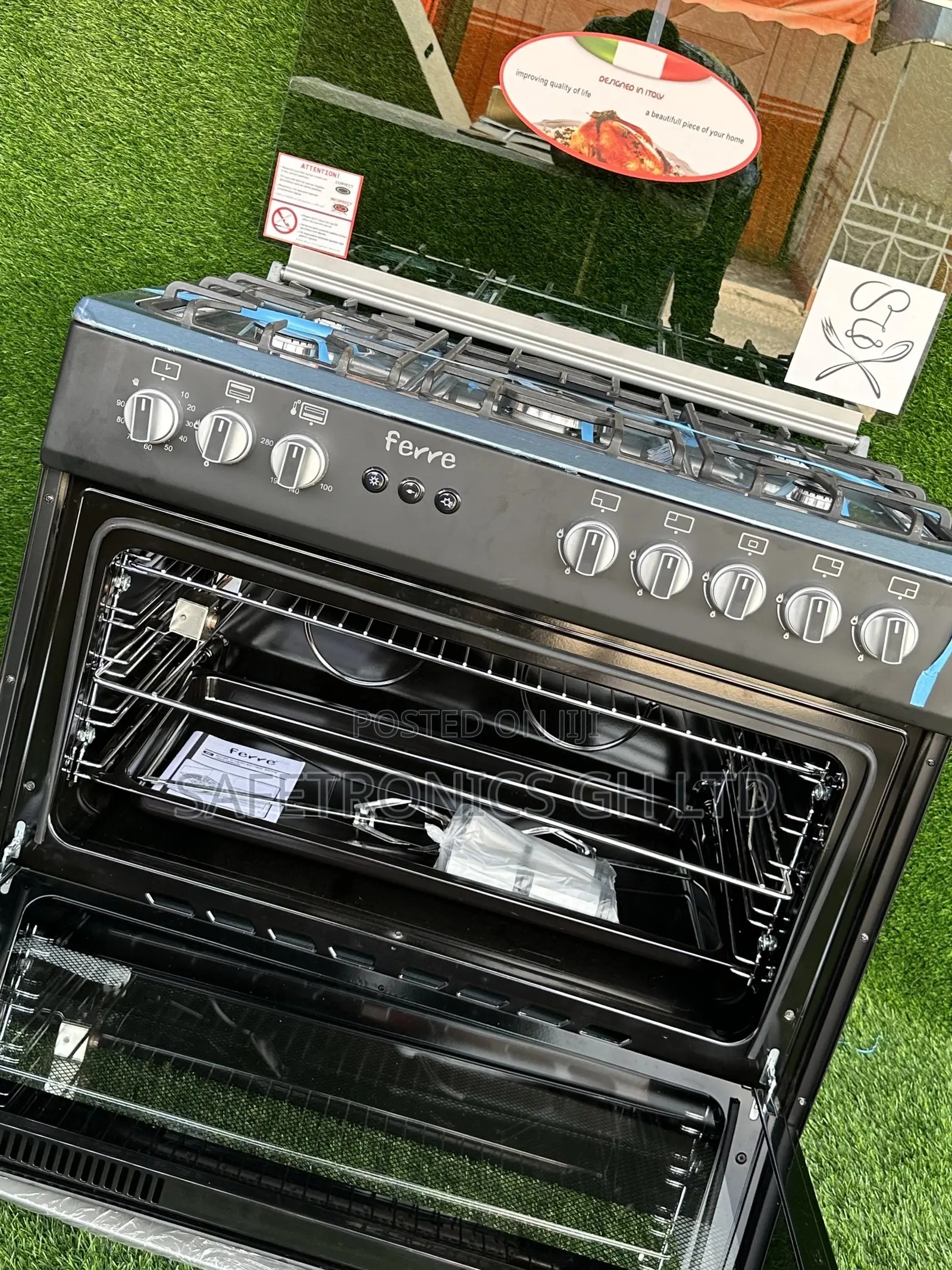 Shine Black Oven With Grill Ferre 5 Gas Cooker Burner 60x90