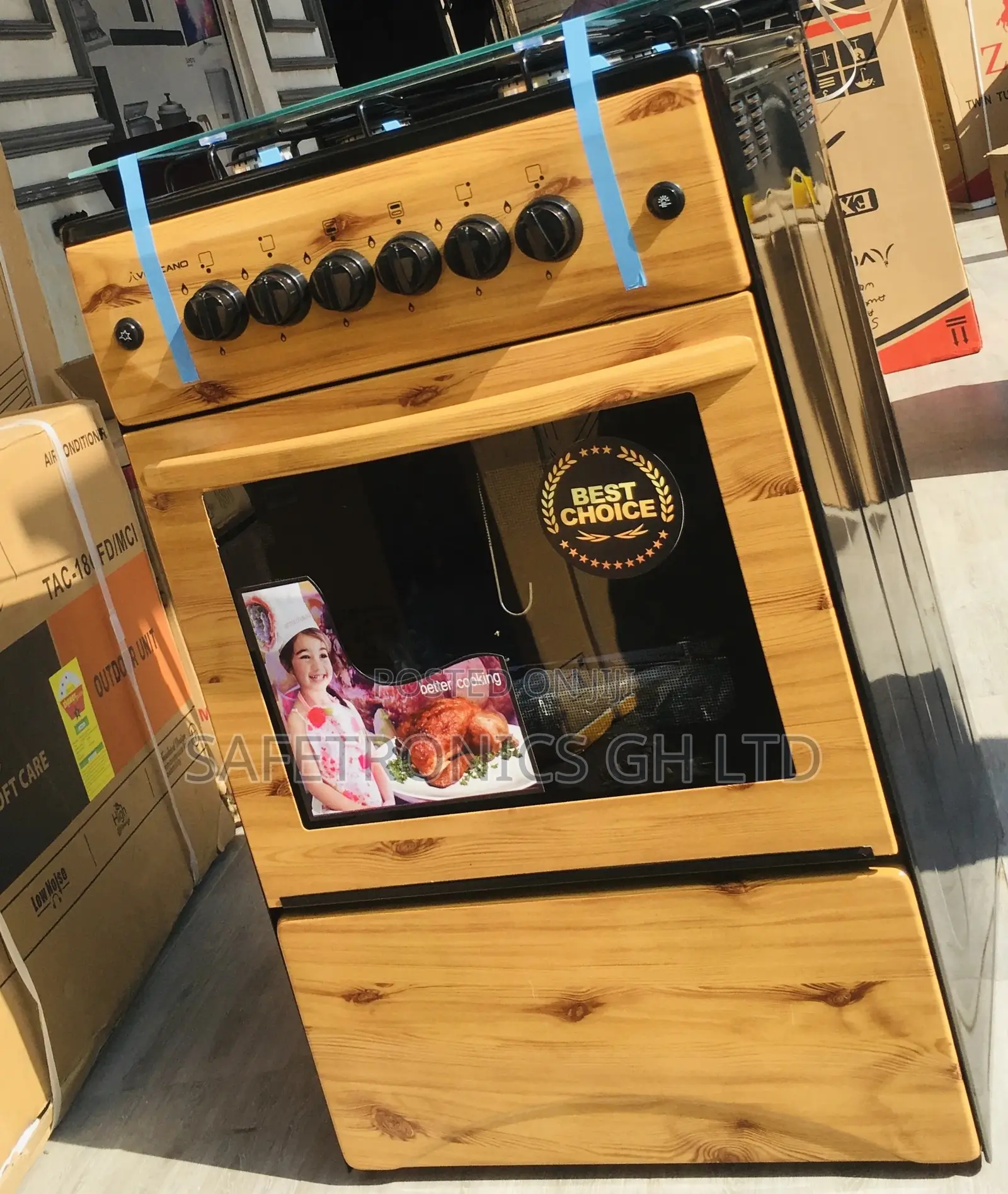 Wooden 4 Gas Light Glass Lid Oven With Grill 50x50