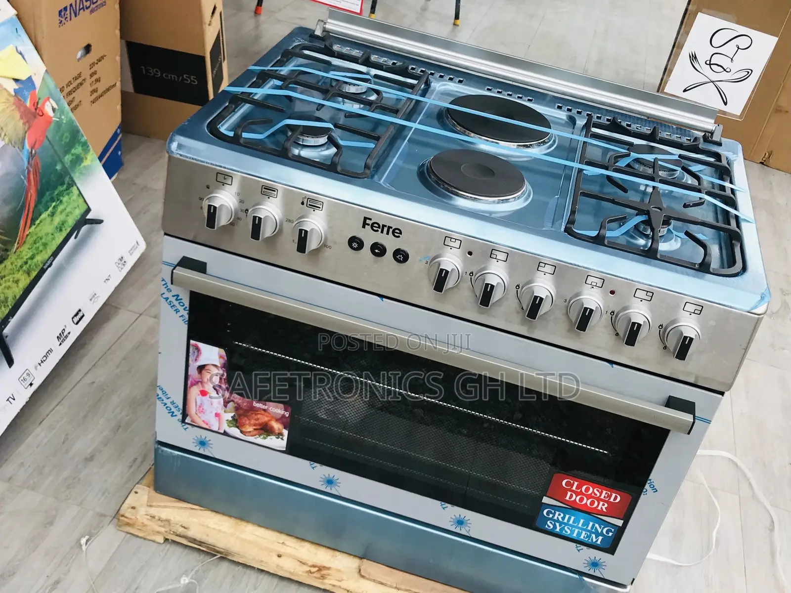 Glass Lid 60x90 Oven With Grill Ferre 4gas Burner 2 Electric