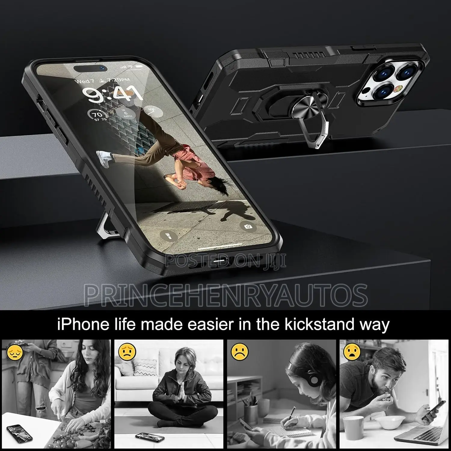 AINOYA Kickstand Ring Case+Tempered Glass for iPhone 14 Pro