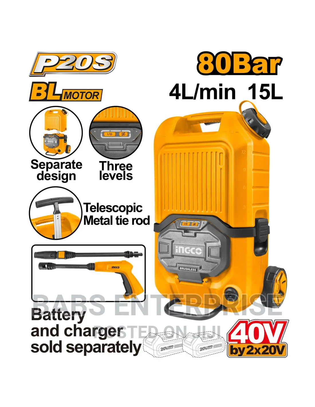 Ingco Cpwli4006 Cordless High-Pressure Cleaner 40v 80bar Wit Bat +Char
