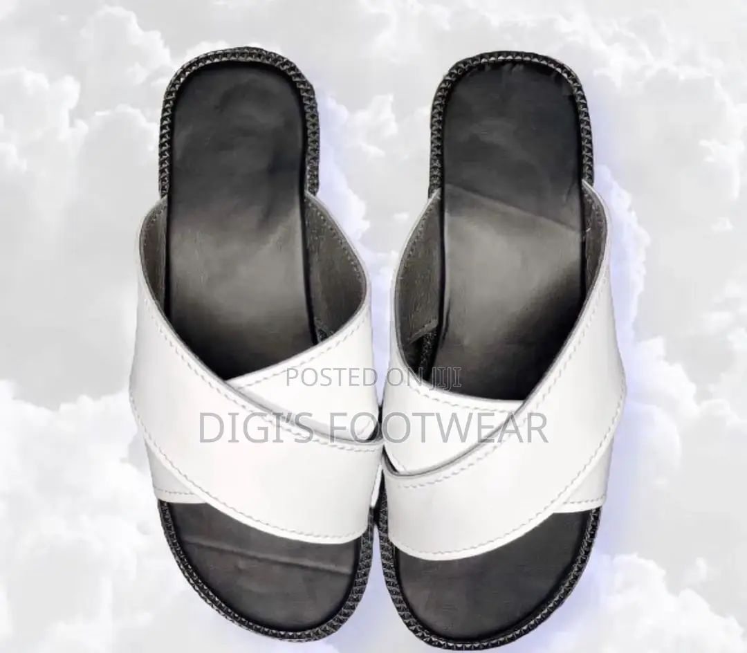 White Crossed Leather Slippers With Black Inner
