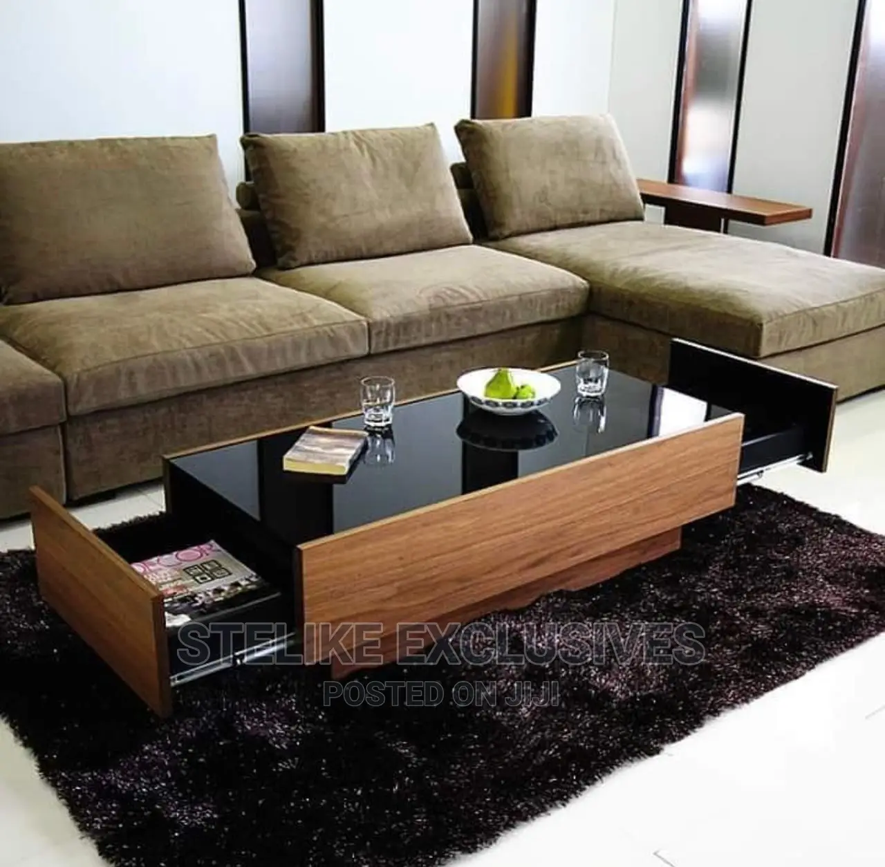 Rectangular Centre Table With Dark Glass Surfacing