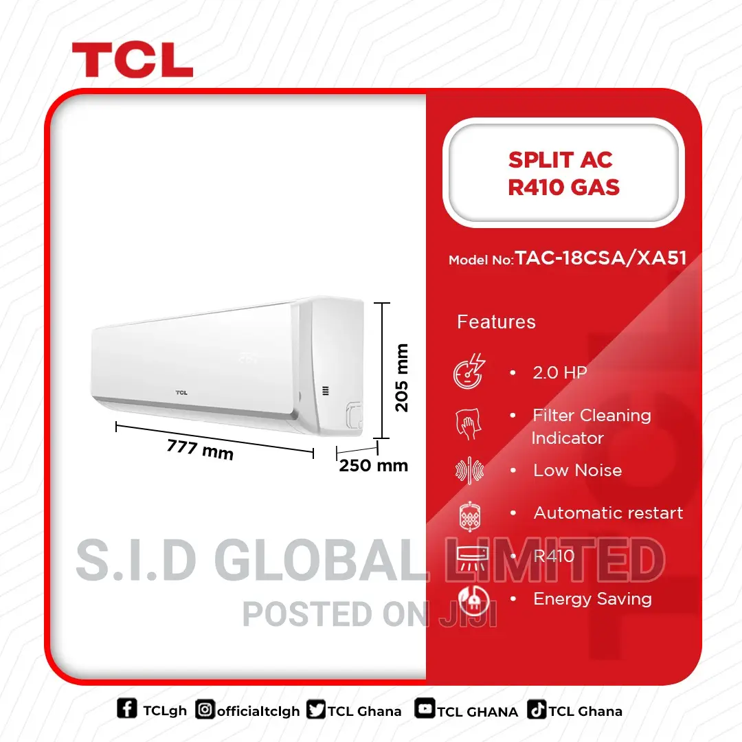 TCL Split AC R410 2.0hp Tac-18csa/Xa51 3 M Pure Copper