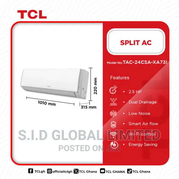 TCL 2.5hp Inverter AC R410 Tac-24csa/Xa73i 3M Copper Pipes