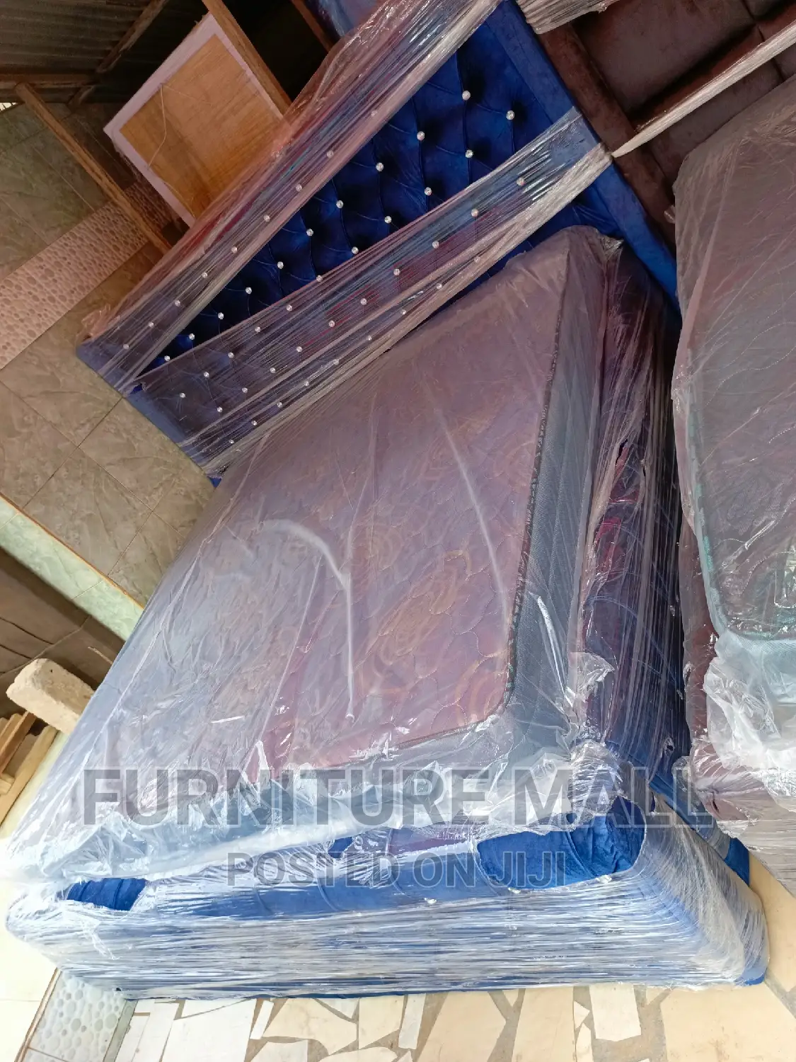 Queen Size Bed With Orthopedic Mattress. Blue Black