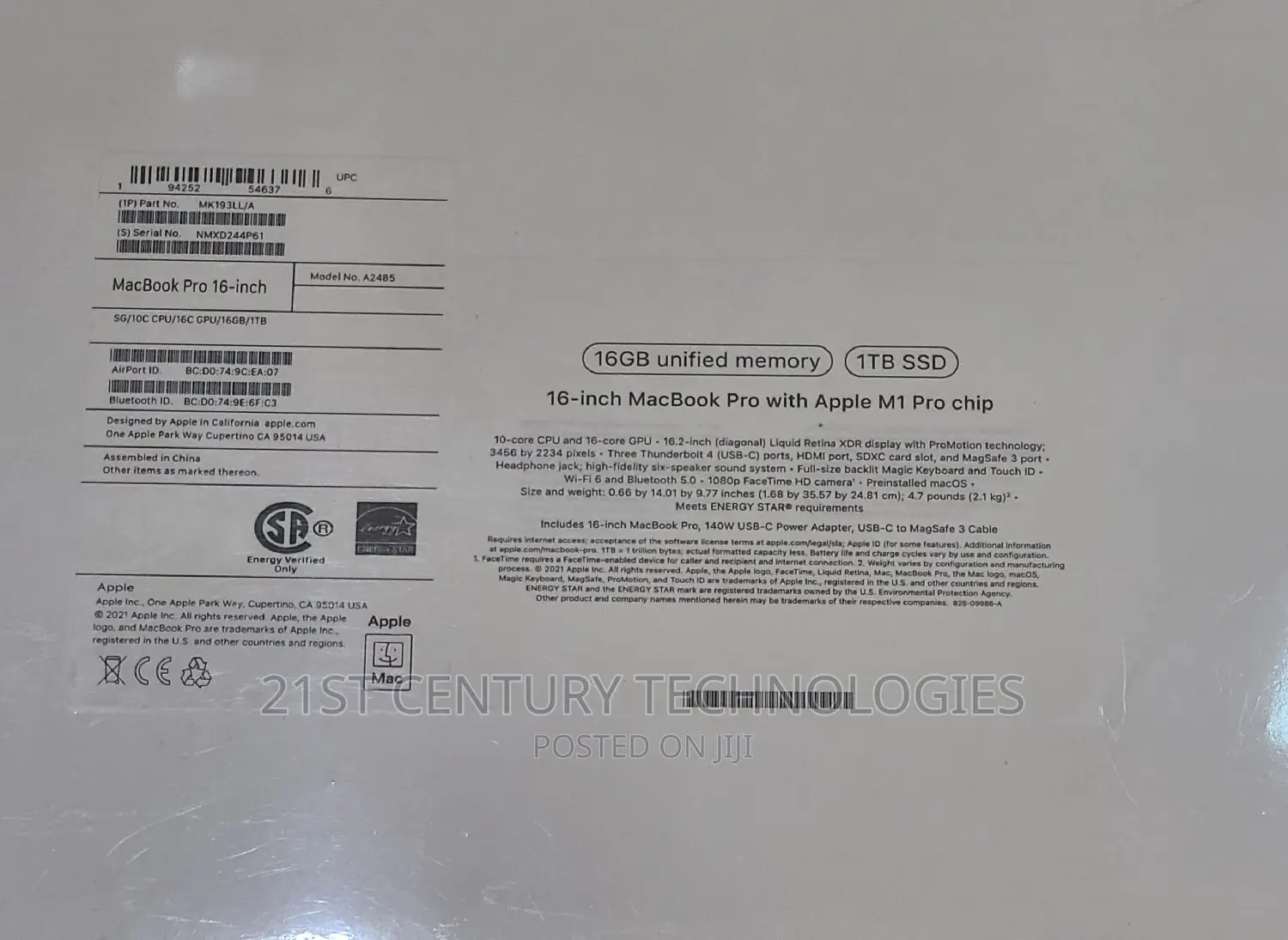 New Laptop Apple MacBook Pro M1 16GB Apple M1 Pro SSD 1T