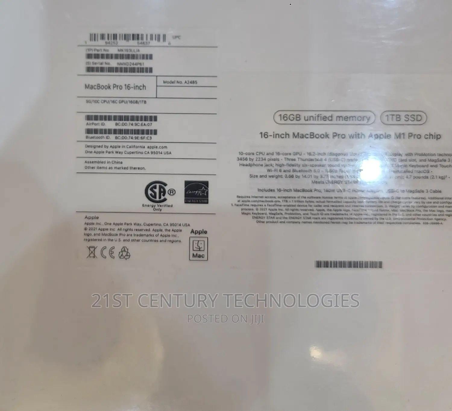 New Laptop Apple MacBook Pro M1 16GB Apple M1 Pro SSD 1T