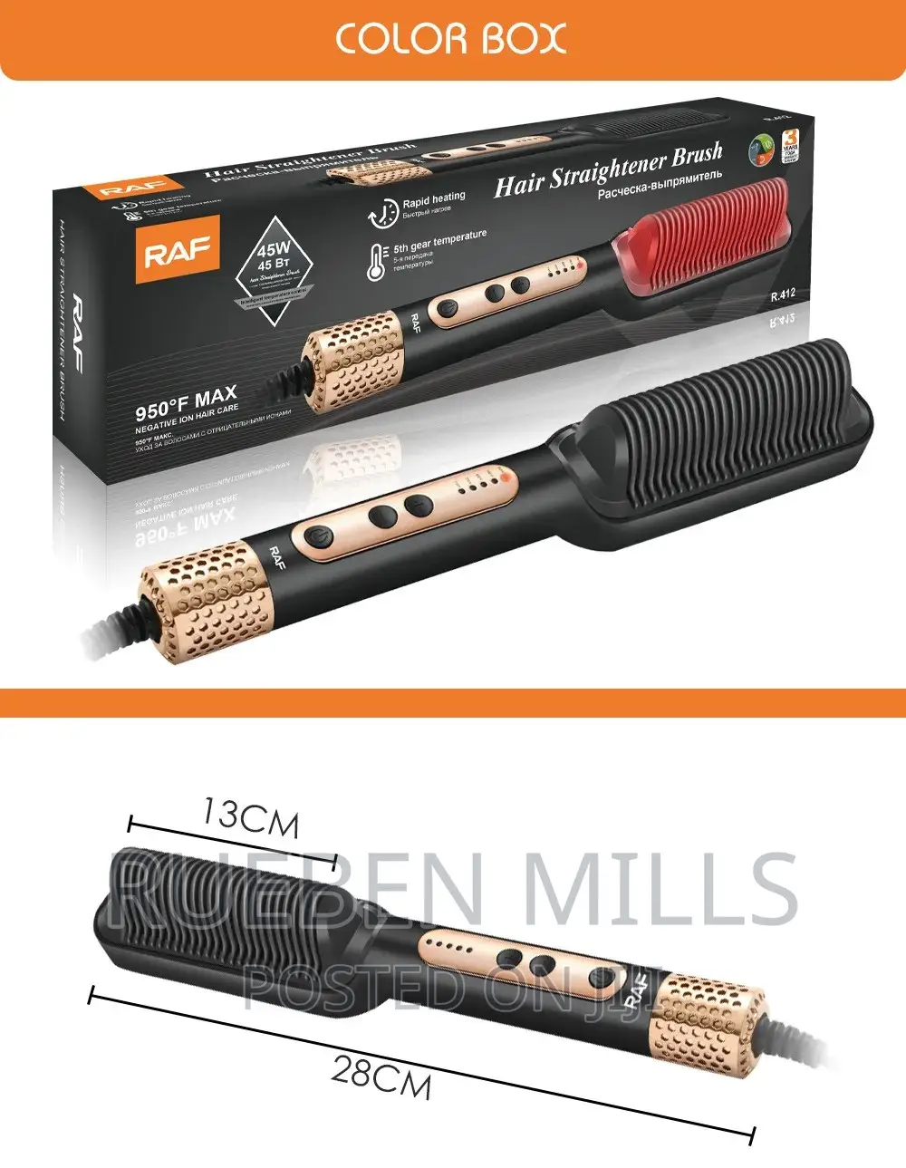 950 Degrees RAF Ring Hot Comb Hair Straightener Brush