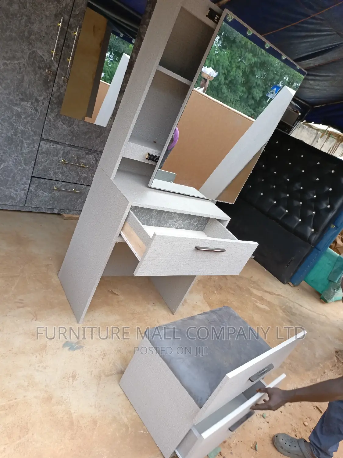 Gray Colored Dressing Mirror With Chair and Storage