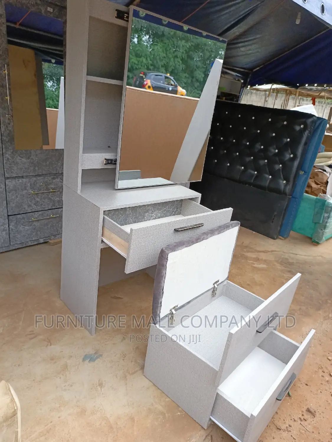 Gray Colored Dressing Mirror With Chair and Storage