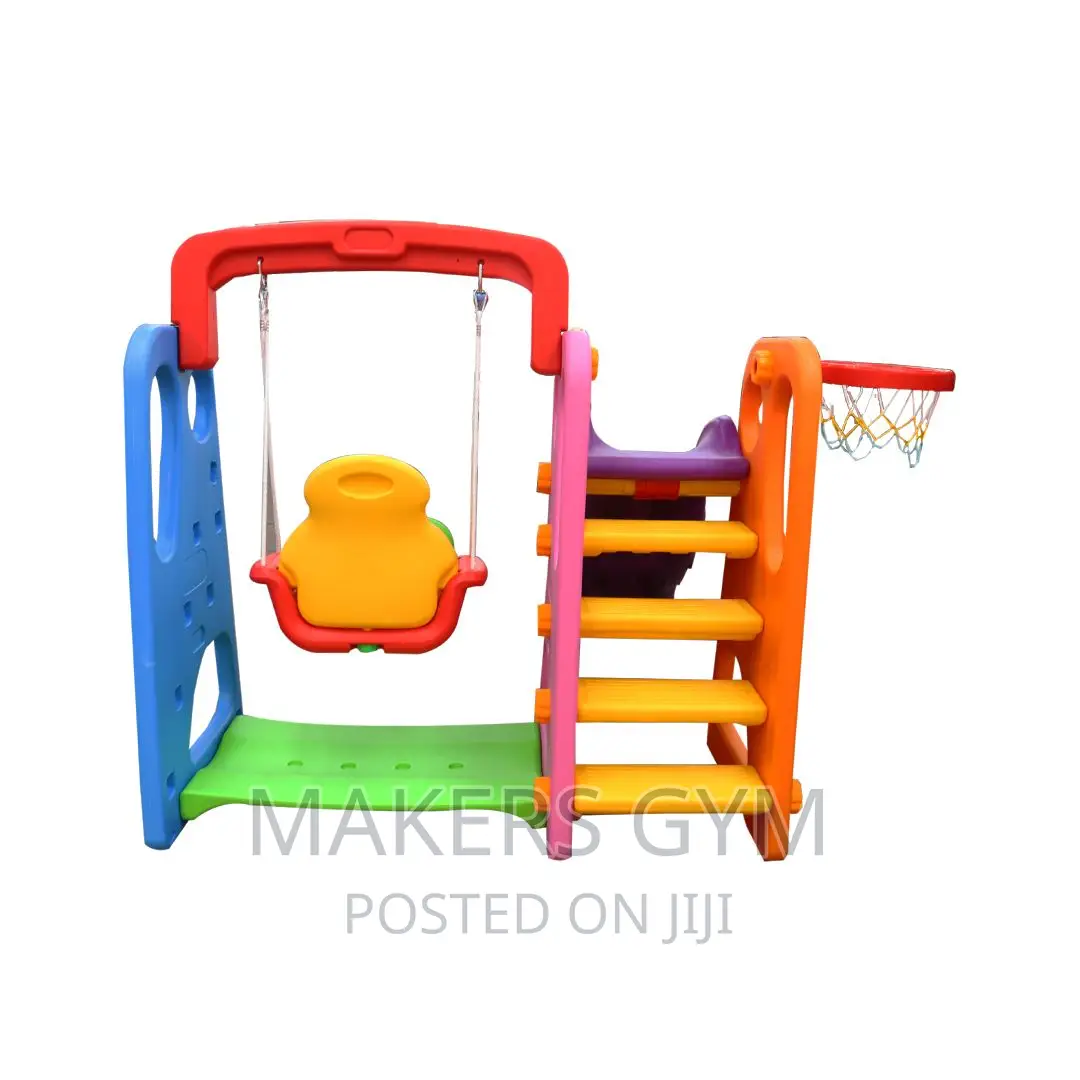 Playground Slide With Seasaw and Basketball Hoop