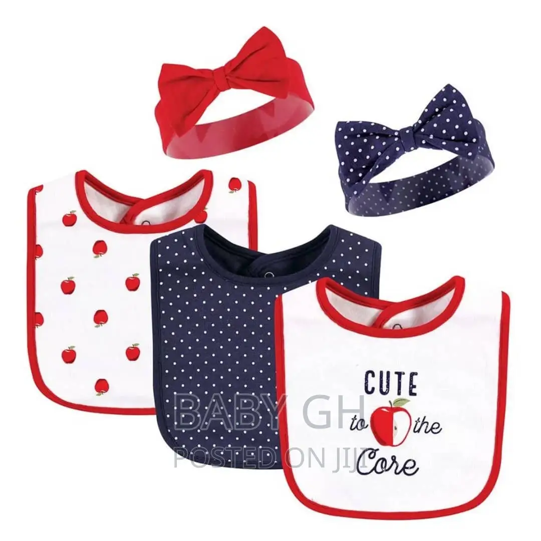 Hudson Baby 5 Piece Set. Three Bibs and 2 Headbands