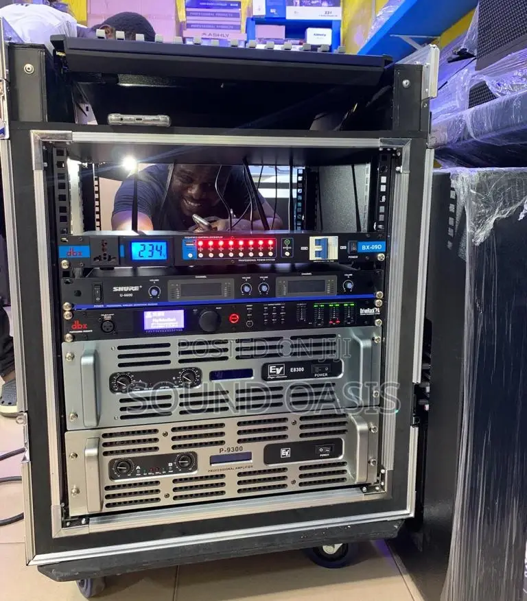 JBL Full Speaker Set With Rack, Amps,Mics, Mixer, Driverack
