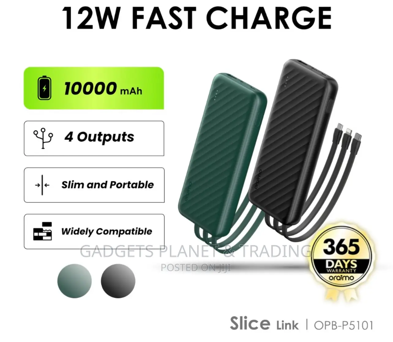 Oraimo Slice Link 10000mah 12W Fast Charge 3 in 1 Power Bank