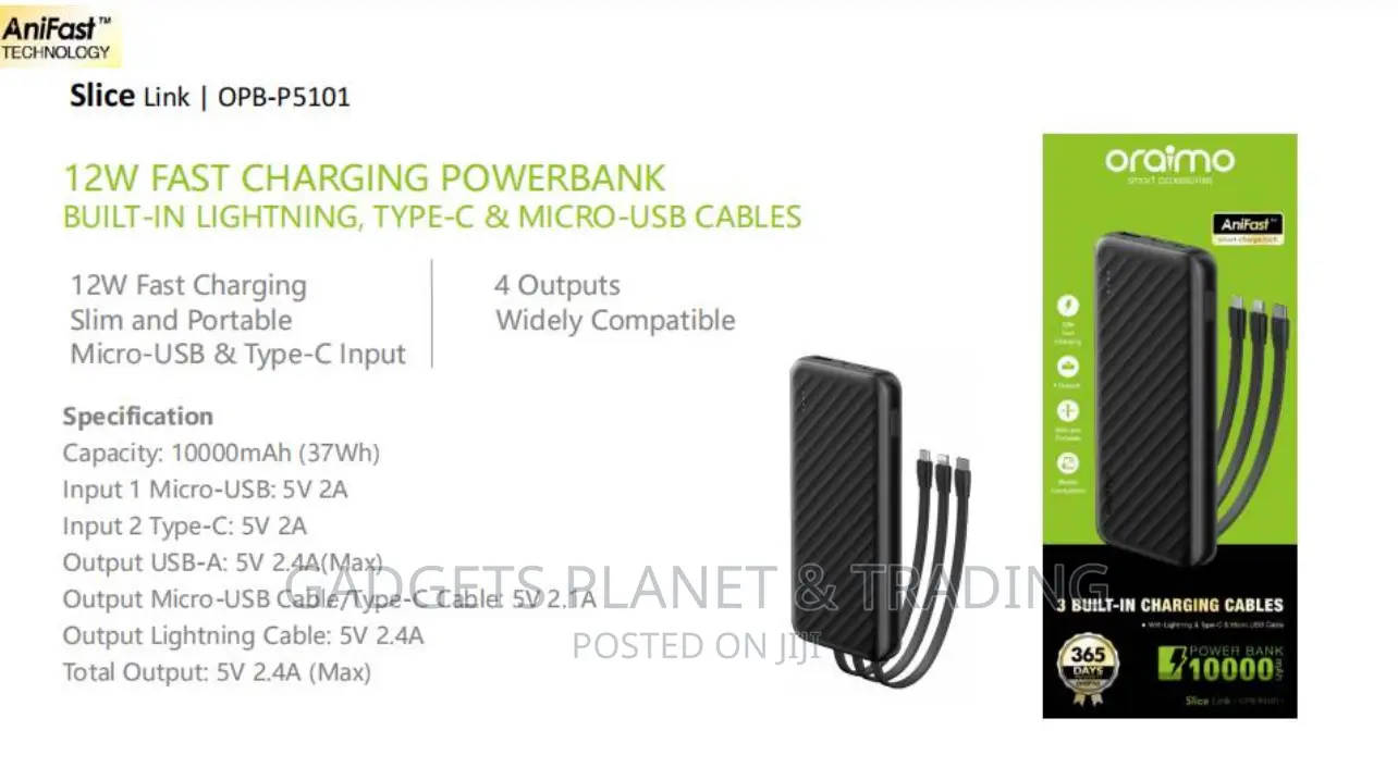 Oraimo Slice Link 10000mah 12W Fast Charge 3 in 1 Power Bank