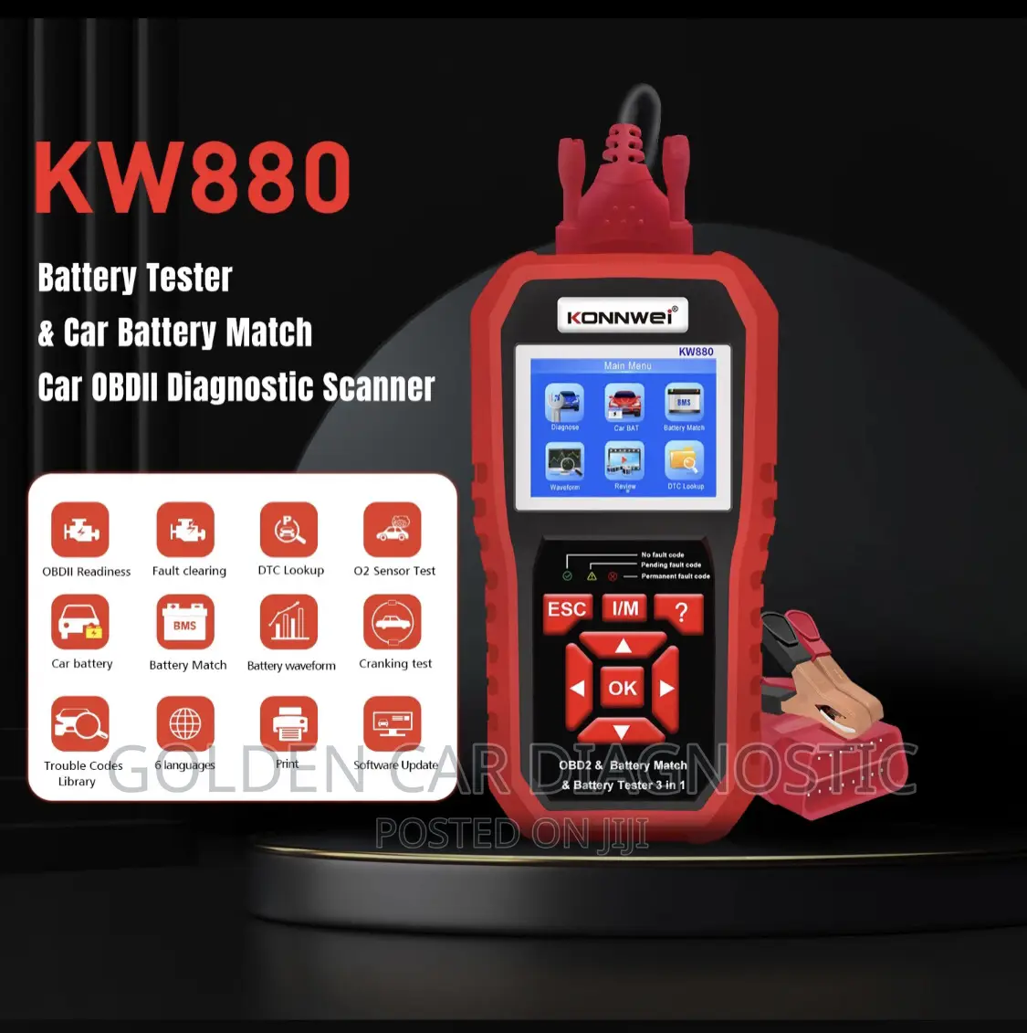 Konnwei KW880 OBD2 Car Diagnostic Scanner Battery Tester