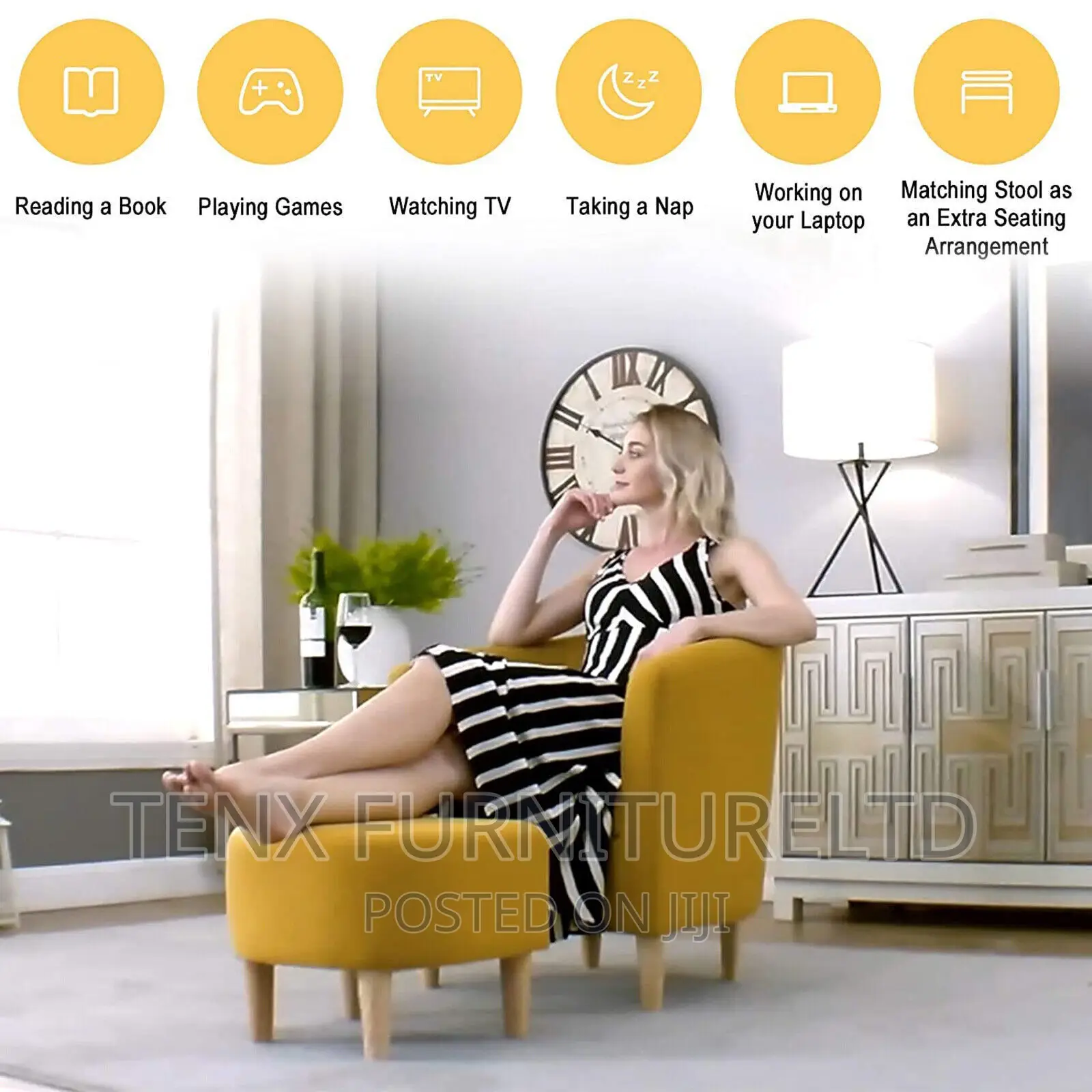 Padded Fabric Linen Armchair Single Couch With Foot Stool