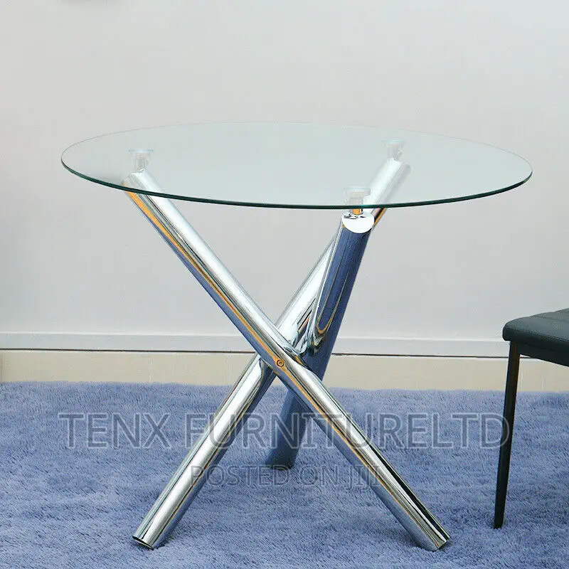 Round Glass Top Dining Table 3 Chrome Legs Kitchen/Conferenc