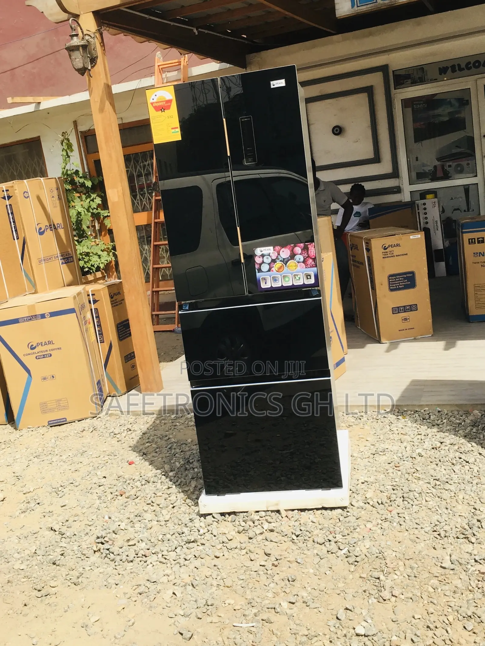 Bottomfreezer Pearl PF-470BG 4 Doors Black Glass Fridge