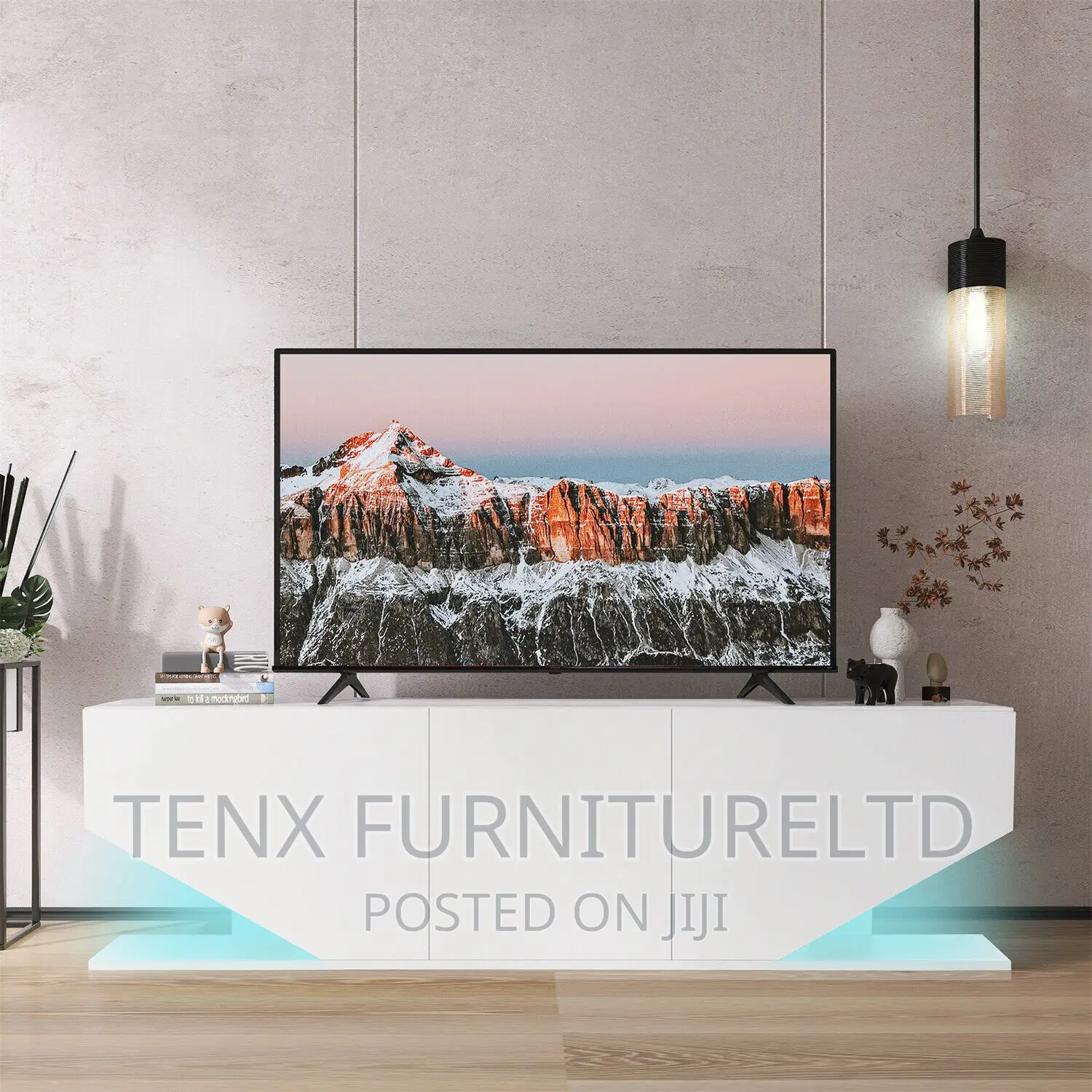 Tv Unit Cabinet Stand High White Doors Led Light Sideboard