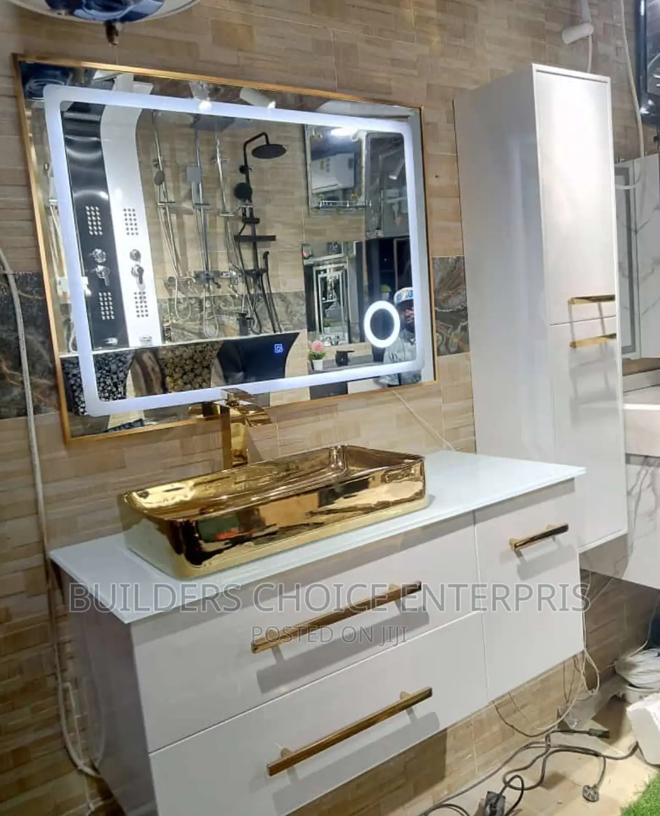 Gold Counter Top Cabinet Basin With Led Mirror