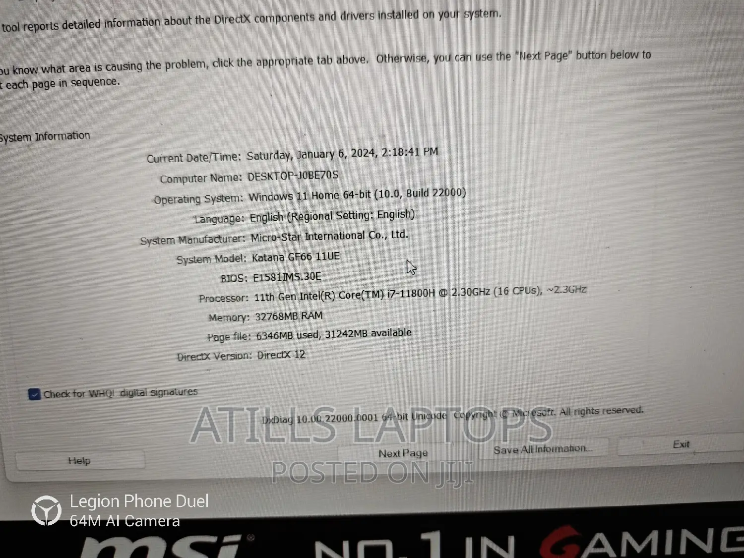 Laptop MSI Katana GF66 32GB Intel Core I7 SSD 512GB