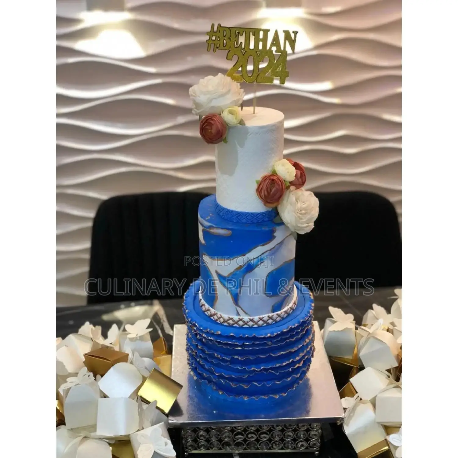 3 Layers Blue, Marble N White Wedding Cake