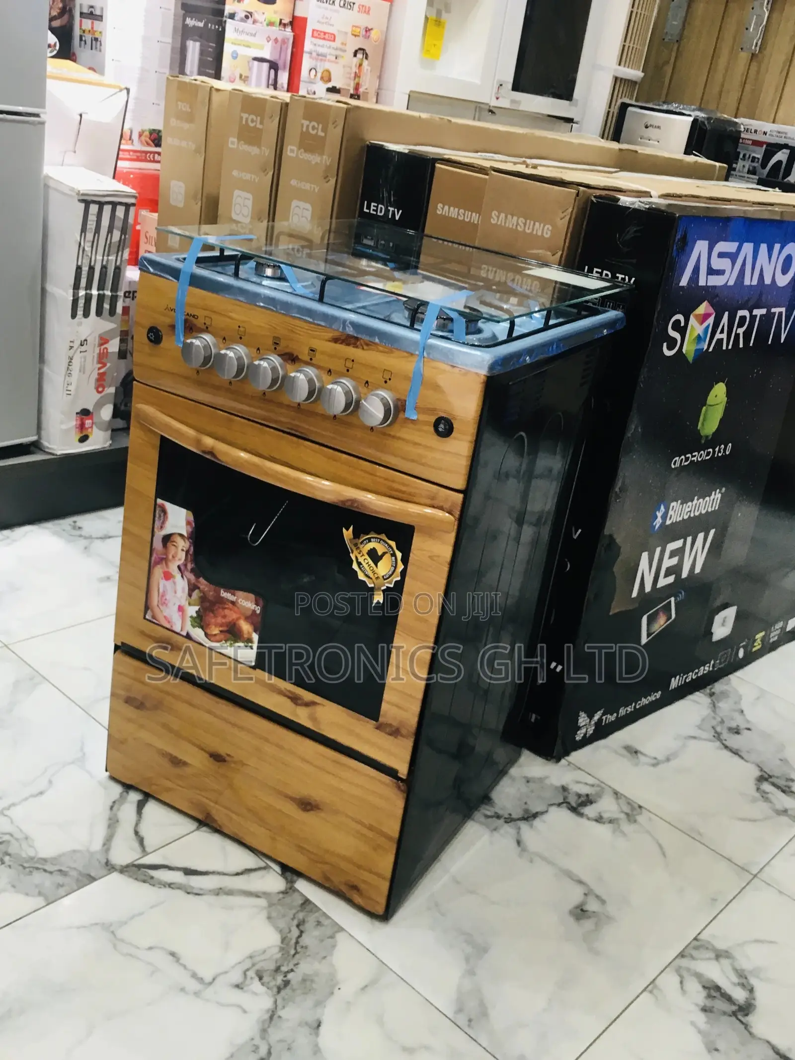 4 Gas Burner Oven With Grill 50x50 Glass Lid Light Wooden