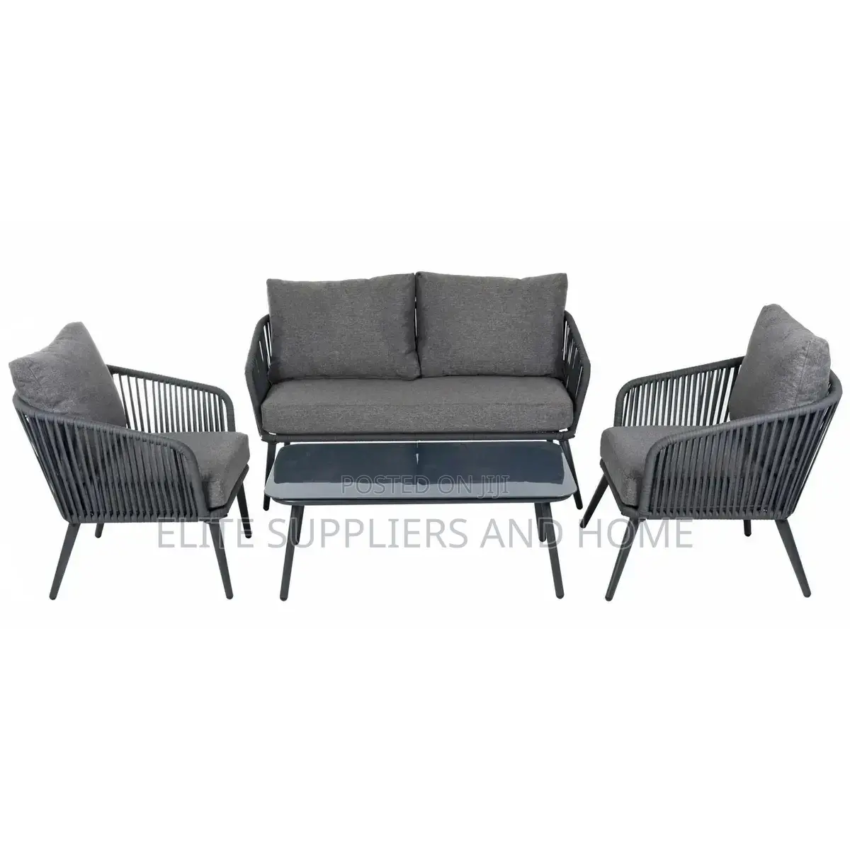 Garden Sofa Set String Seats Black Metal Frame Glass Table