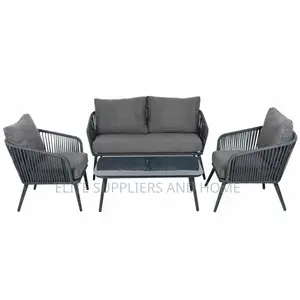 Garden Sofa Set String Seats Black Metal Frame Glass Table