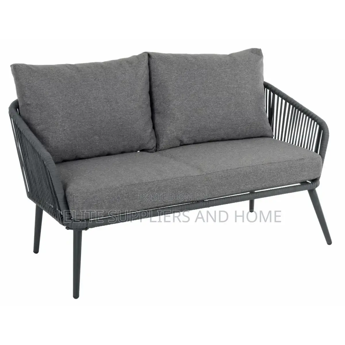 Garden Sofa Set String Seats Black Metal Frame Glass Table