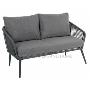 Garden Sofa Set String Seats Black Metal Frame Glass Table