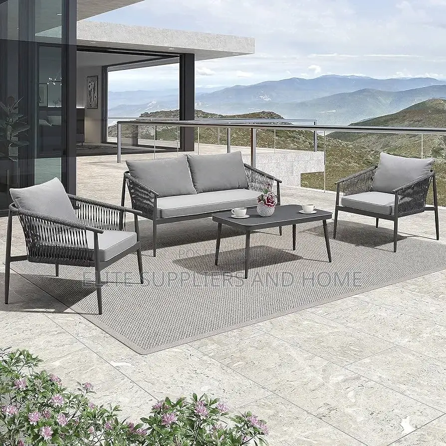 Garden Sofa Set String Seats Black Metal Frame Glass Table