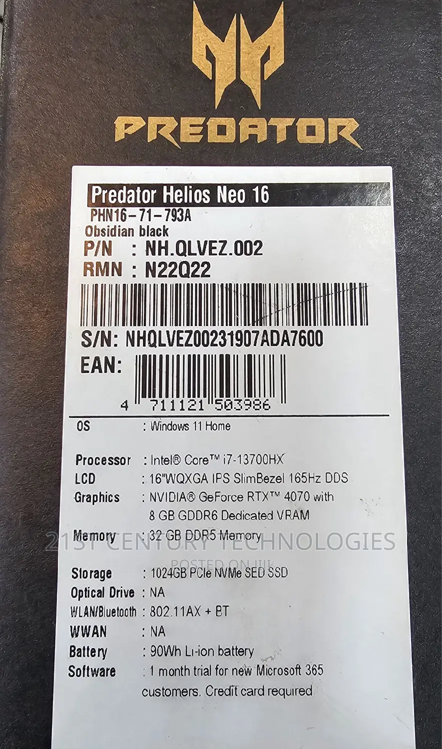 New Laptop Acer Predator Helios 16 32GB Intel SSD 1T