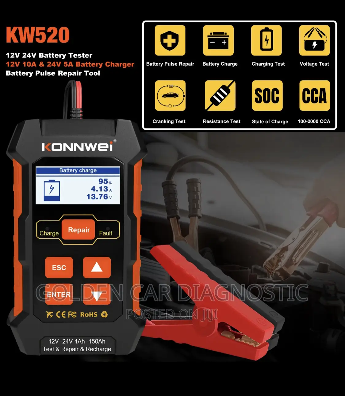 Konnwei KW520 12V 24V Car Solar Battery Tester,Charger,Rep