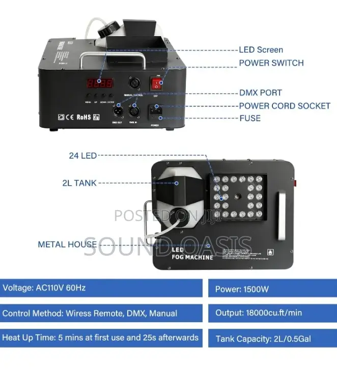 1500w Fog Machine, Dmx Rgb 3in 1 24 Led Smoke Machine