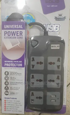 Solid Extension 5socket 2usb 2500w Flame Protector 3m Length